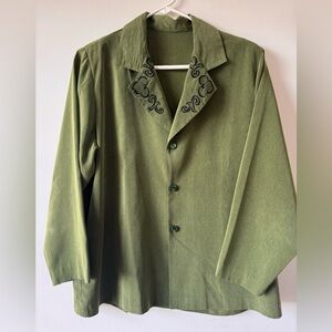 Vintage Sage Green Embroidered Women’s Shacket with Marble Buttons